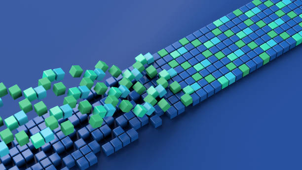 istock Group of colorful cubes in a row, blue background. Abstract illustration, 3d render, top view. 1454028083