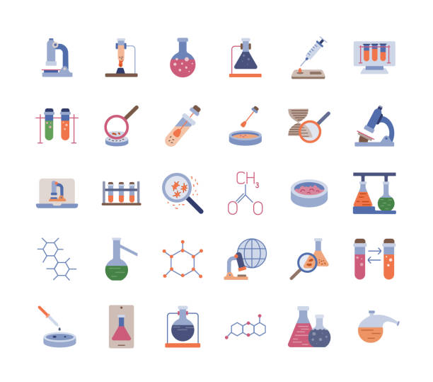 ilustrações, clipart, desenhos animados e ícones de conjunto de ícones planos de laboratório - beginnings origins creation molecule