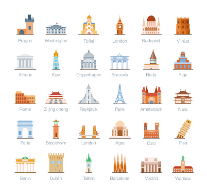 Landmarks icons set. Flat style vector illustration.