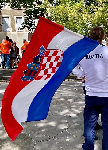 Croatian flag in  Montlucon, France - 8/7/21: Croatian flag at the WGC opening ceremonies, Montlucon, France.