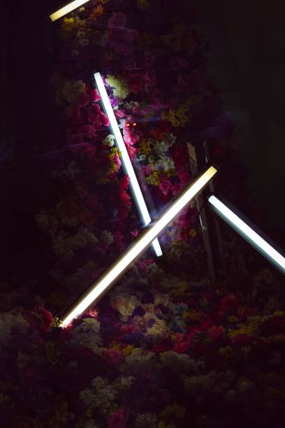 istock Vertical shot of narrow rectangular LED lights on the floral background 1454030891