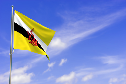 Brunei Darussalam Flag Over Blue Sky Background. 3D Illustration