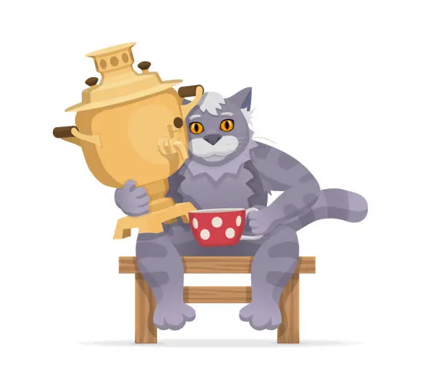 Vector illustration of A gray cat with a samovar and a red cup