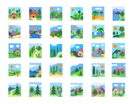 Landscape icons set. Flat style. Vector illustrations.