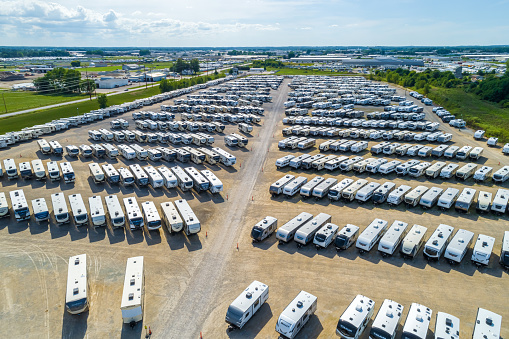 Aerial View of New RV Stock Lot  - Units staged for Transport and Delivery