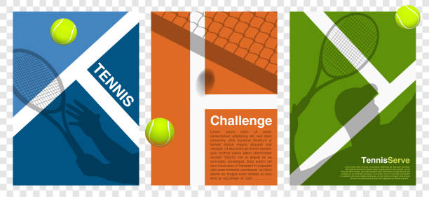 tennisturnier poster, banner oder flayer - spieler, schläger und ball auf der linie, netzherausforderung - einfacher retro-wettbewerb - sportmeisterschaft - vektorillustration blau, orange, grün boden backg - tennis tennis ball serving racket stock-grafiken, -clipart, -cartoons und -symbole