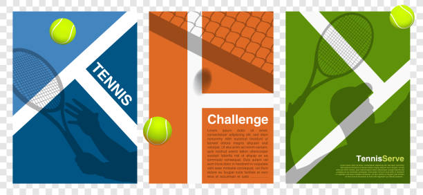 plakat turnieju tenisowego, baner lub pogromca - gracze, rakiety i piłka na linii, wyzwanie netto - prosta konkurencja retro - mistrzostwa sportowe - ilustracja wektorowa niebieska, pomarańczowa, zielona podłoga backg - tennis stock illustrations