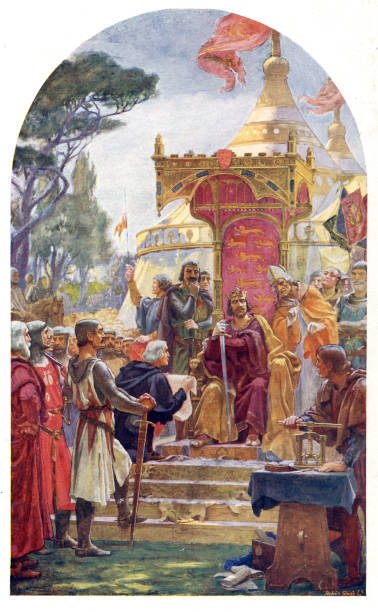 King John granting the Magna Carta John 1166 – 1216 King of England from 1199 until his death in 1216. The baronial revolt at the end of John's reign led to the sealing of Magna Carta, a document considered an early step in the evolution of the constitution of the United Kingdom.
Magna Carta Libertatum commonly called Magna Carta a royal charter by King John of England at Runnymede, near Windsor, 1215. First drafted by the Archbishop of Canterbury to make peace between the unpopular king and a group of rebel barons, the charter was annulled by Pope Innocent III, leading to the First Barons' War. magna carta stock illustrations