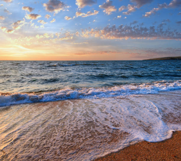 istock Sea surf wave break on sunset sandy coastline 1454037172