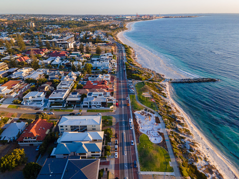 An aerial view of a scenic cityscape of Cottesloe, Australia