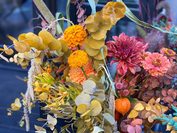 istock Bouquet flowers chrysanthemums, zinnia, physalis, dry herbs. 1454043621