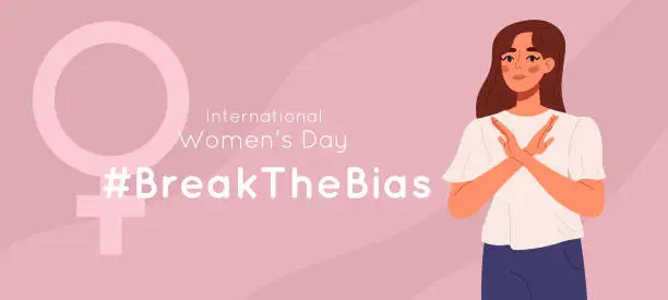 Vector illustration of Break the bias banner. Women's international day. Crossed arms to support gender equality. Flat vector illustration isolated on white background