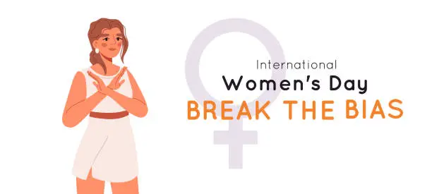Vector illustration of Break the bias banner. Poster with a women crossed arms. Women's Movement against discrimination, inequality, stereotypes. Flat vector illustration