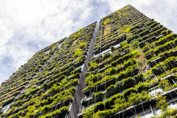 istock Low angle view of apartment building with vertical gardens, sky background with copy space 1454046719