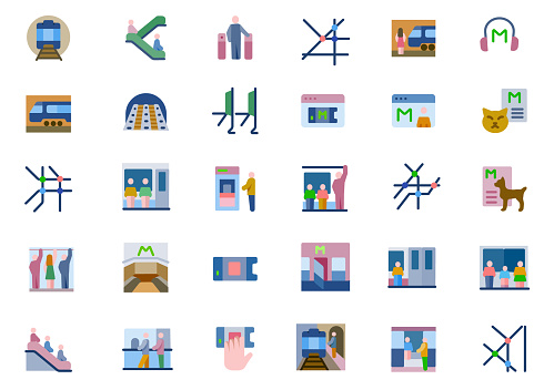 Metro, Subway icons set. Flat style. Vector illustration.
