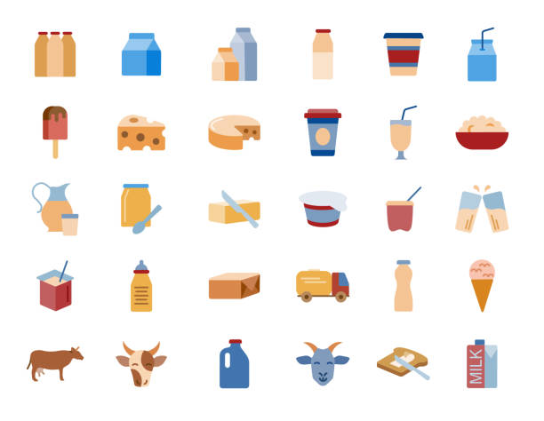 zestaw płaskich ikon mleka i produktów mlecznych - dairy product illustrations stock illustrations