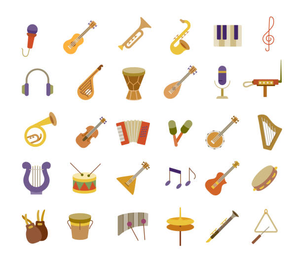 illustrations, cliparts, dessins animés et icônes de instruments de musique flat icons set - flute musical instrument music key