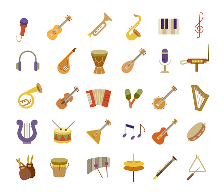 Musical Instruments Icons Set. Flat style. Vector illustration.