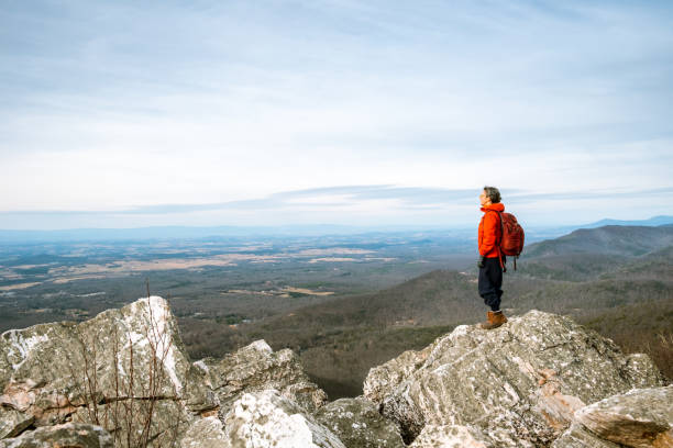 donna che fa escursioni nel parco nazionale di shenandoah - blue ridge mountains appalachian mountains appalachian trail skyline drive foto e immagini stock