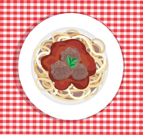 Vector illustration of Plate of spaghetti on checkered tablecloth high angle view
