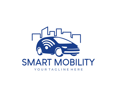 Car, wi-fi, city skyline, wireless network of vehicle and smart car, design. Smart mobility, intelligent transport systems, transport and transportation, vector design and illustration