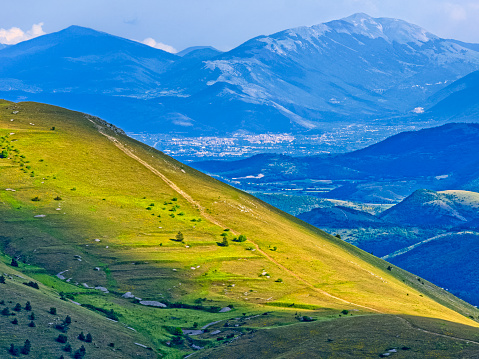 View of the countryside in the Gran Sasso d' Italia National Park in Abruzzo Italy