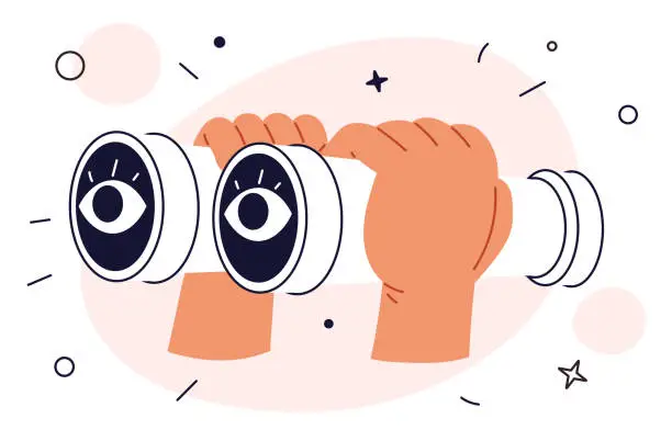 Vector illustration of Hands hold binoculars and look through them. Big eyes looking for. Concept of searching for opportunities, decisions, spying, business ideas.