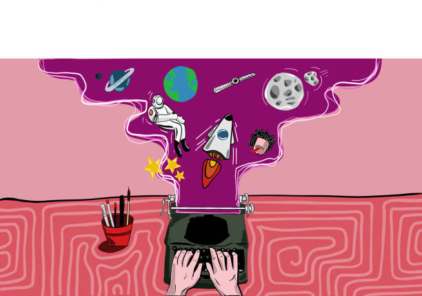 Writer at work Author typing about space travel man writing stock illustrations