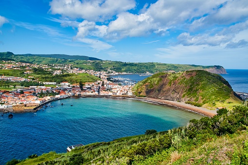 Beautiful Horta city on Faial island of Azores surrounded by the beautiful ocean and hills