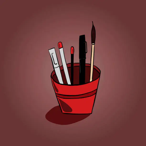 Vector illustration of Pen holder full of pencils and brush