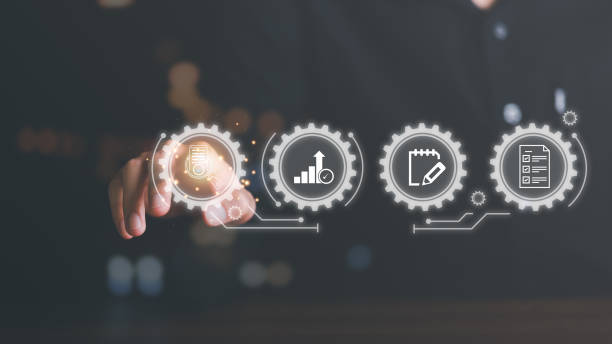 istock Businessman audit data through virtual icons, quality assessment management With a checklist, business document evaluation process, market data report analysis and consulting, plan review process. 1454059974