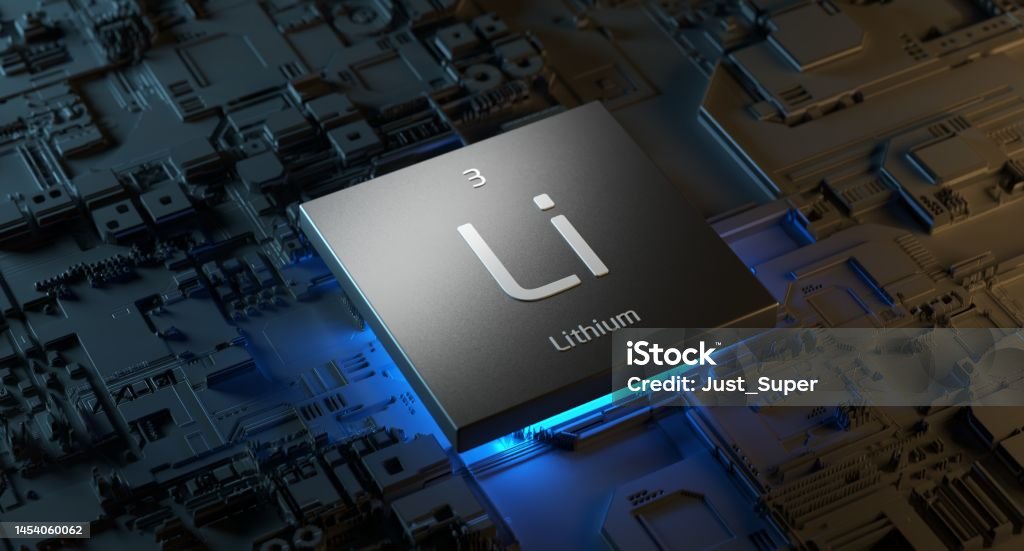 Lithium periodic table element, mining, science, nature, innovation, battery, electric vehicle Lithium Stock Photo