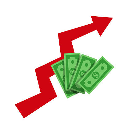 Arrow rise up and cash dollars. Financial success concept. Vector illustration.