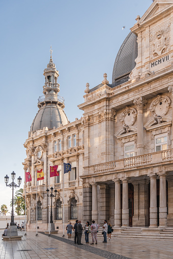 Cartage, Spain – April 16, 2022: Vertical shot of Cartagena City Hall in Cartagena, a port city and naval base in the Murcia region of southeast Spain