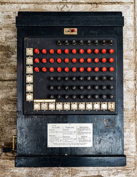 istock Vertical closeup of a Burrough adding machine on a wooden table captured in top view 1454068141