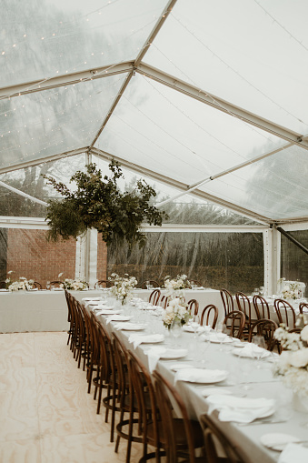 2023 Wedding decoration with long tables and green Australian natives in Adelaide, South Australia, Australia