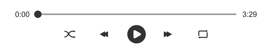 Audio or video player loading bar with time slider. Play, shuffle, repeat, rewind and fast forward buttons. Simple template of media player playback panel interface. Vector graphic illustration