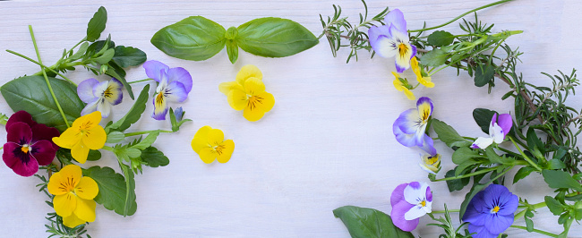 spring flowers on white background.
edible flowers.