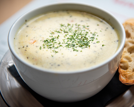Cream Soup Served with toasted bread, Food Photography, close-up (Click for more)