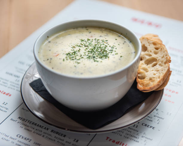 Cream Soup Served with toasted bread, Food Photography, close-up (Click for more) stock photo