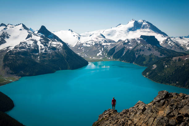 Most Beautiful Hikes in the world Hiker enjoying views of Garibaldi Lake from Panorama Ridge. Best hikes in Whistler, Canada. Getting away from it all in nature. garibaldi park stock pictures, royalty-free photos & images