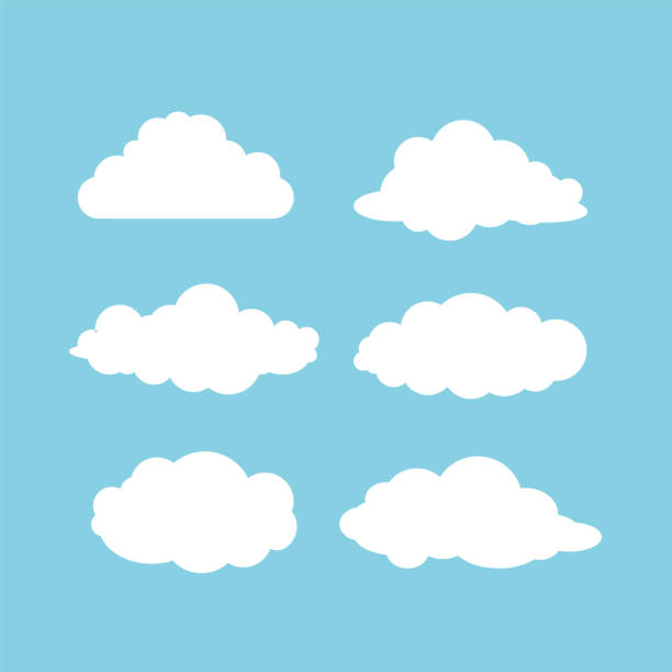 ilustraciones, imágenes clip art, dibujos animados e iconos de stock de conjunto de diferentes nubes sobre fondo azul. - nubes