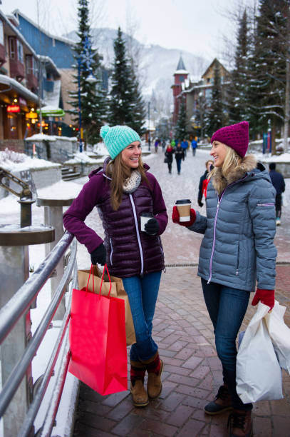 Women shopping in Whistler Village stock photo