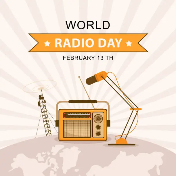 Vector illustration of World radio day with radio and microphones retro style. hand drawn flat line-art.