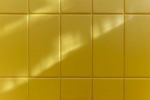 The sun shines on the yellow leather anti-collision wall of the indoor sports hall