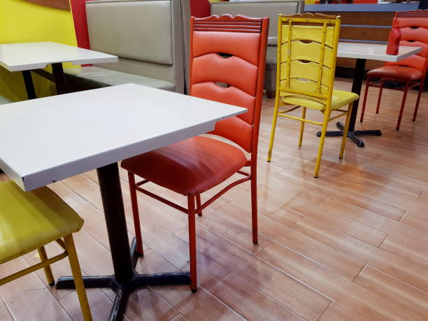 istock Empty dining chairs and table arrangement on wooden floor. 1454083951