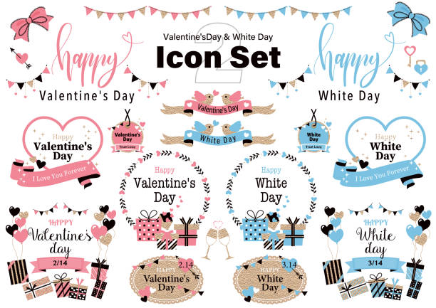 день святого валентина и набор иконок белого дня - valentines day gift white background gift box stock illustrations