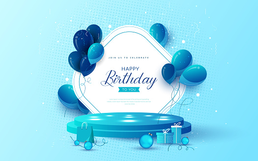 Blue color background with podium for Birthday Celebration with Balloons and gifts.