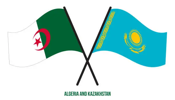 Vector illustration of Algeria and Kazakhstan Flags Crossed And Waving Flat Style. Official Proportion. Correct Colors.