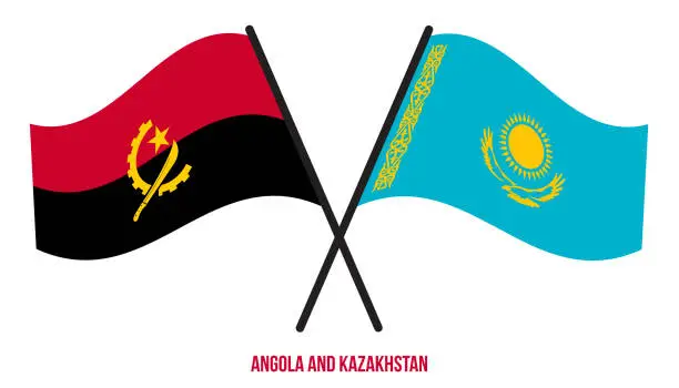 Vector illustration of Angola and Kazakhstan Flags Crossed And Waving Flat Style. Official Proportion. Correct Colors.